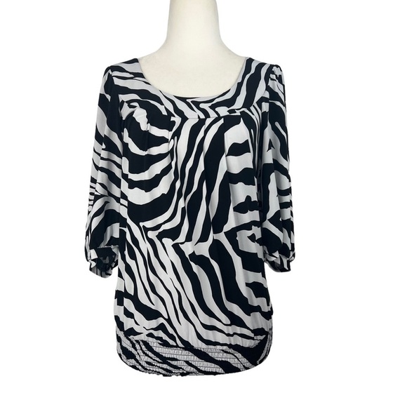 𝅺six DEGREES OF SEPARATION ZEBRA PRINT 3/4 SLEEVE ELASTIC WAIST BLOUSE‎ - Picture 1 of 11